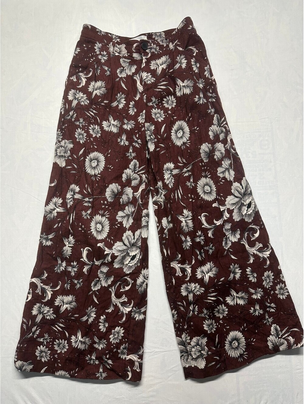 Anthropologie Linen Blend Wide Leg Floral Pants Burgundy Brown EUC Size 0
